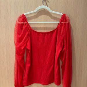 Red blouse with mesh sleeves
